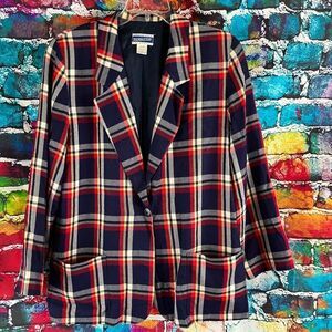 Vintage Pendleton blue red white plaid rayon preppy academia blazer large